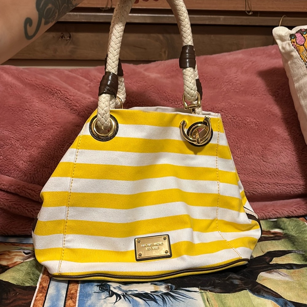 Michael Kors Yellow and White Stripe Hobo Satchel Purse - Small/Medium Size